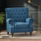 Sunapee Contemporary Tufted Recliner with Nailhead Trim, Navy Blue Fabric and Espresso Noble House