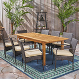 Noble House Elmar Outdoor 9 Piece Wood and Wicker Expandable Dining Set, Natural and Multi Brown and Crème