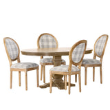 Noble House Dored French Country Fabric Upholstered Wood 5 Piece Dining Set, Gray Plaid and Natural