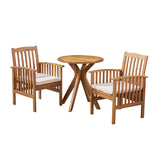 Casa Acacia Patio Dining Set, 2-Seater Bistro Set, 28" Round Table with X-Legs, Teak Finish, Cream Outdoor Cushions Noble House