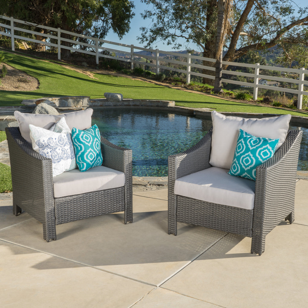 Antibes Outdoor Grey Wicker Club Chair with Silver Water Resistant Fabric Cushions Noble House