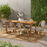 Noble House Pepple Outdoor Acacia Wood and Wicker 7 Piece Dining Set, Teak, Gray, and White