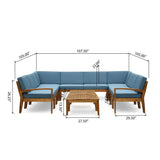Noble House Grenada Outdoor Acacia Wood 10 Seater Sectional Sofa Set with Two Coffee Tables, Teak and Blue