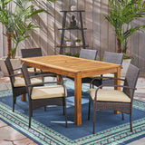 Noble House Elmar Outdoor 7 Piece Wood and Wicker Expandable Dining Set, Natural and Multi Brown and Crème