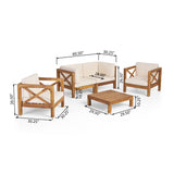 Noble House Brava Outdoor 4 Seater Acacia Wood Loveseat Chat Set, Teak Finish and Beige
