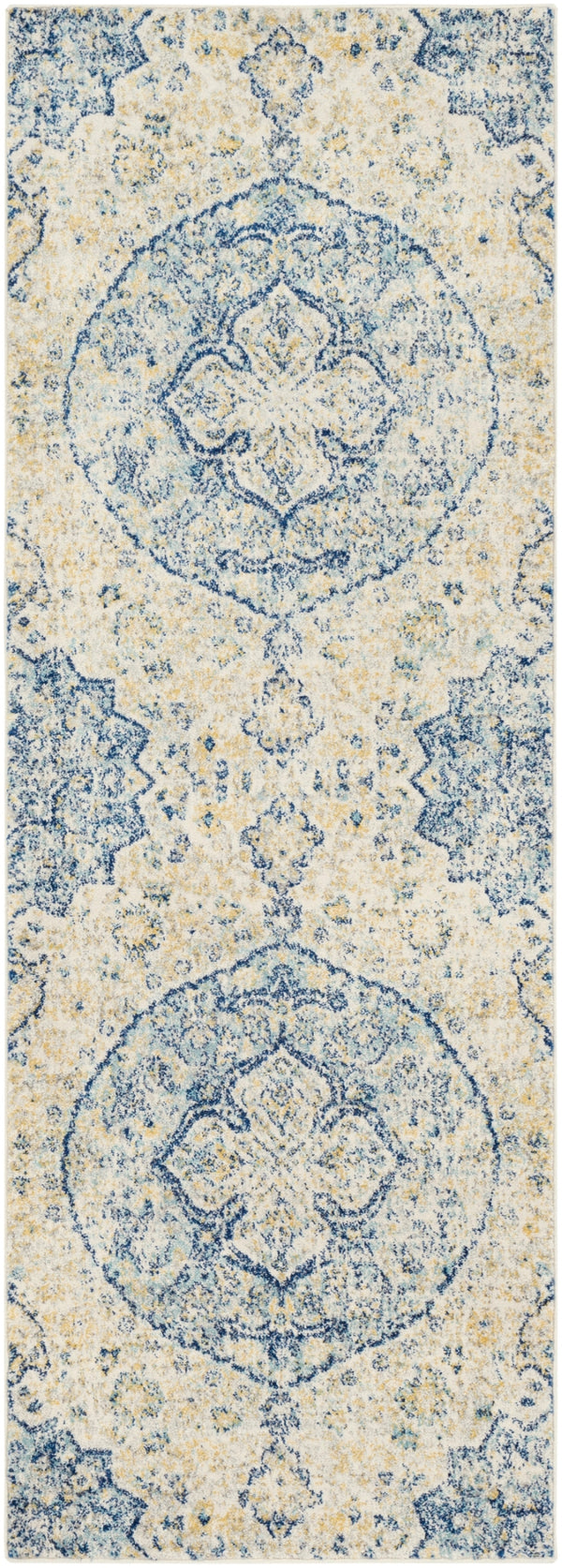 Harput HAP-1047 Traditional Polypropylene Rug HAP1047-2773 Teal, Saffron, Ivory, Light Gray, Bright Yellow 100% Polypropylene 2'7" x 7'3"