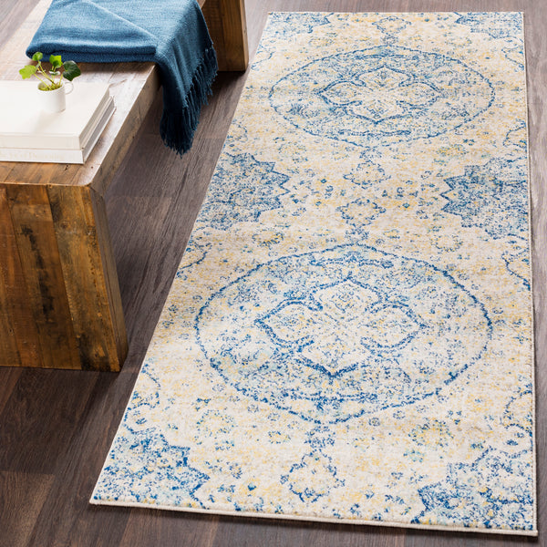 Harput HAP-1047 Traditional Polypropylene Rug HAP1047-2773 Teal, Saffron, Ivory, Light Gray, Bright Yellow 100% Polypropylene 2'7" x 7'3"