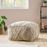 Brinket Large Contemporary Handcrafted Faux Yarn Square Pouf, Ivory and Taupe Noble House