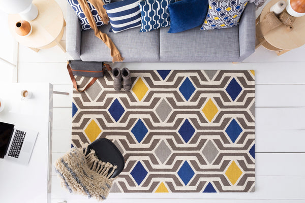 Hilda HDA-2385 Modern Wool Rug HDA2385-2310 Medium Gray, Cream, Mustard, Navy 100% Wool 2'3" x 10'