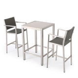 Noble House Cape Coral Outdoor 3 Piece Grey Wicker Bar Set with Glass Table Top