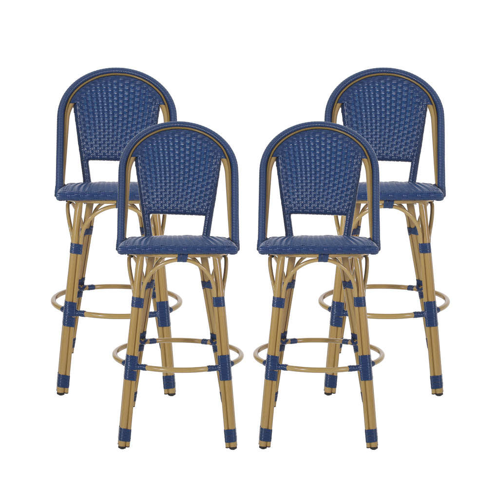 Noble House Shelton Outdoor French Wicker and Aluminum 29.5 Inch Barstools (Set of 4), Navy Blue and Bamboo Finish