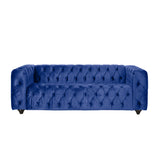 Sagewood Contemporary Velvet Tufted 3 Seater Sofa, Navy Blue and Espresso Noble House