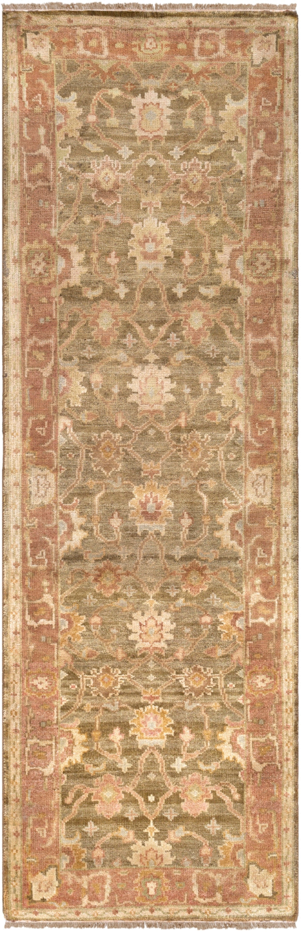 Hillcrest HIL-9004 Traditional NZ Wool Rug HIL9004-268 Dark Red, Dark Brown, Tan, Cream, Khaki, Sage 100% NZ Wool 2'6" x 8'