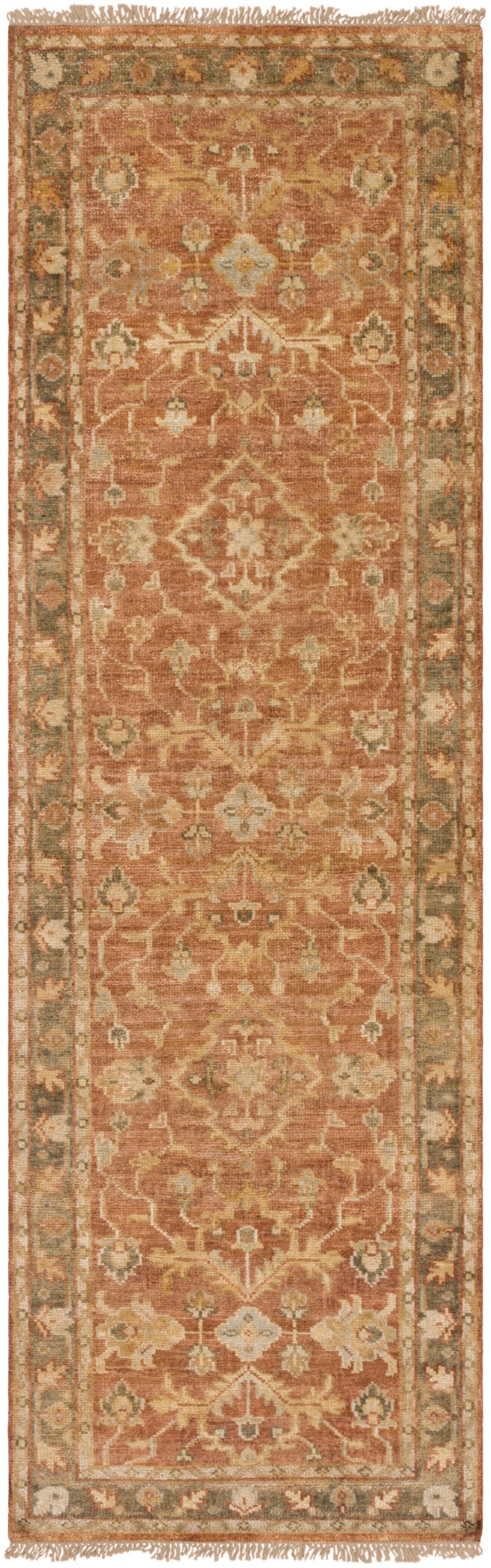 Hillcrest HIL-9009 Traditional NZ Wool Rug HIL9009-312 Tan, Dark Brown, Khaki, Dark Red, Sage 100% NZ Wool 3' x 12'