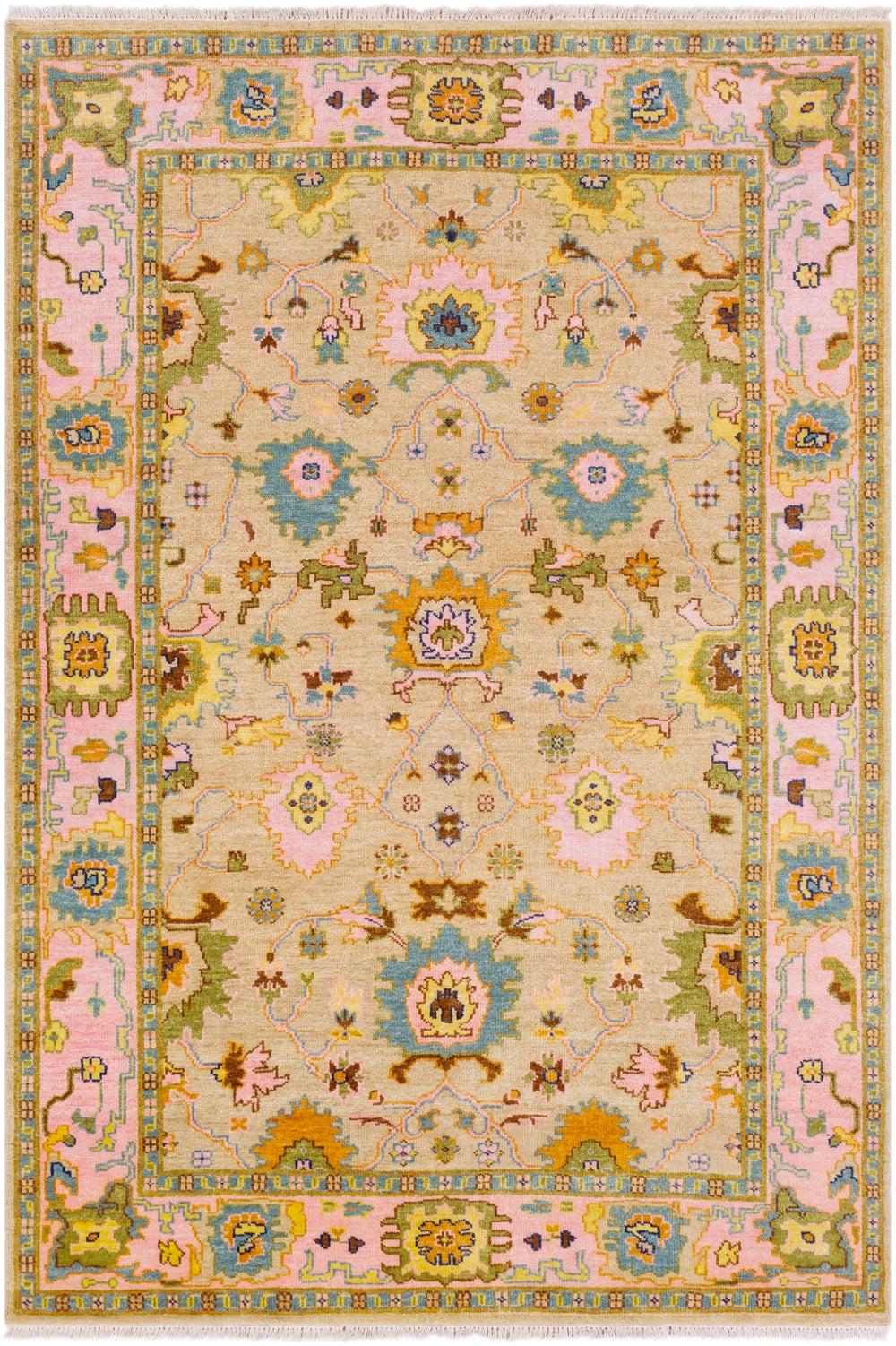Hillcrest HIL-9043 Traditional NZ Wool, Viscose Rug HIL9043-913 Bright Pink, Tan, Aqua, Olive, Dark Brown, Navy, Saffron 90% NZ Wool, 10% Viscose 9' x 13'