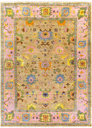 Hillcrest HIL-9043 Traditional NZ Wool, Viscose Rug HIL9043-811 Bright Pink, Tan, Aqua, Olive, Dark Brown, Navy, Saffron 90% NZ Wool, 10% Viscose 8' x 11'