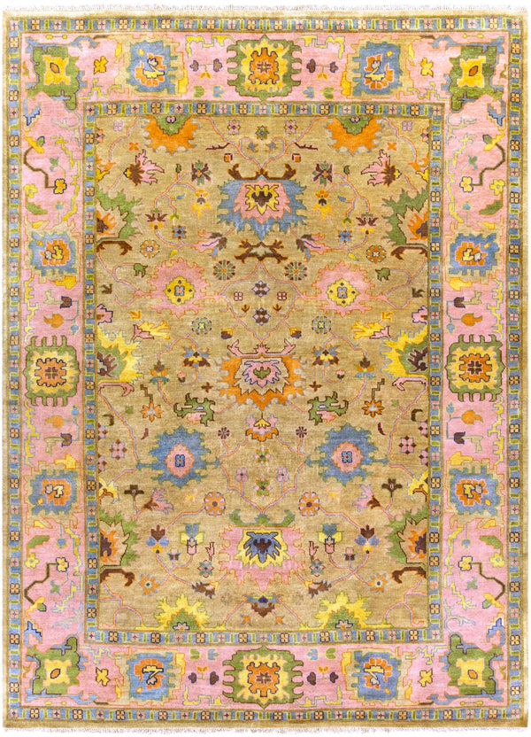 Hillcrest HIL-9043 Traditional NZ Wool, Viscose Rug HIL9043-811 Bright Pink, Tan, Aqua, Olive, Dark Brown, Navy, Saffron 90% NZ Wool, 10% Viscose 8' x 11'