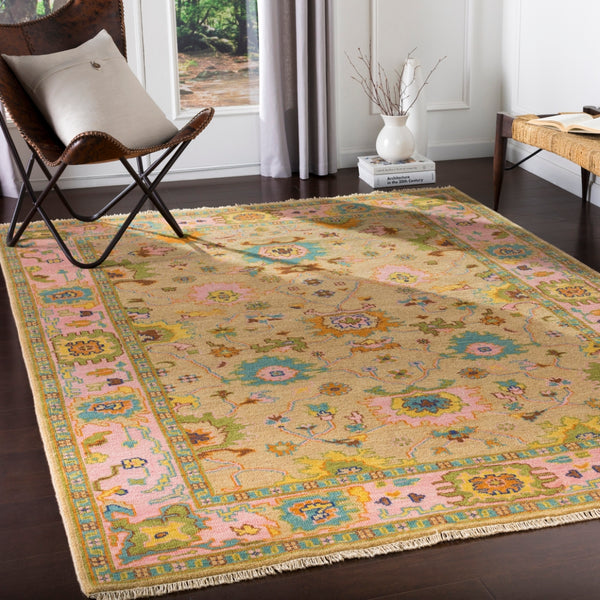 Hillcrest HIL-9043 Traditional NZ Wool, Viscose Rug HIL9043-913 Bright Pink, Tan, Aqua, Olive, Dark Brown, Navy, Saffron 90% NZ Wool, 10% Viscose 9' x 13'