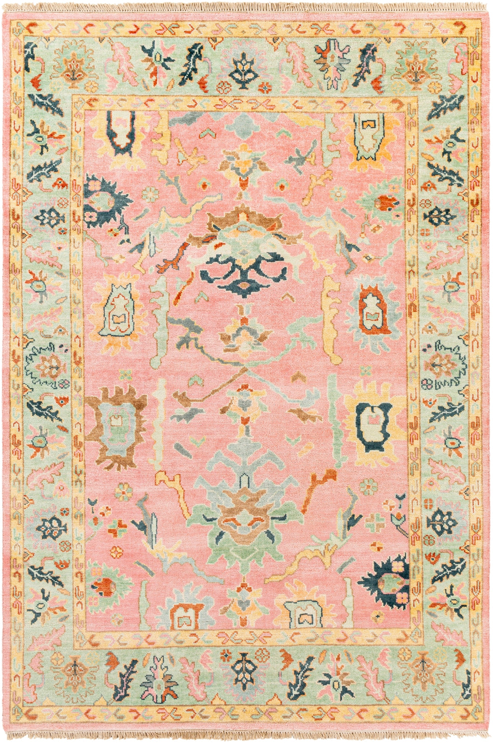 Hillcrest HIL-9044 Traditional NZ Wool, Viscose Rug HIL9044-913 Mint, Butter, Pale Pink, Peach, Navy, Camel, Burnt Orange, Beige 90% NZ Wool, 10% Viscose 9' x 13'
