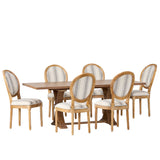 Noble House Derring French Country Fabric Upholstered Wood 7 Piece Dining Set, Gray Stripe and White Print and Natural