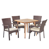 Marias Outdoor 5 Piece Wood and Wicker Dining Set, Teak and Brown Noble House