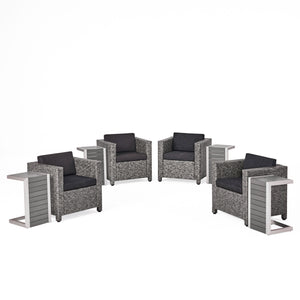 Noble House Puerta Outdoor 4 Piece Dark Grey Wicker Club Chairs with Mixed Black Cushions and 4 Natural Finish  Polymer Blended Wood C-Shaped Tables