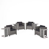 Puerta Outdoor 4 Piece Dark Grey Wicker Club Chairs with Mixed Black Cushions and 4 Natural Finish  Polymer Blended Wood C-Shaped Tables