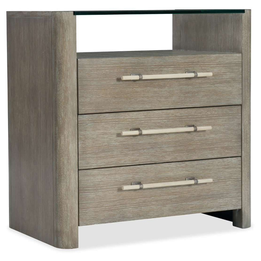Affinity Transitional Three-Drawer Nightstand with Oak Veneer and Stylish Greige Finish for Storage
