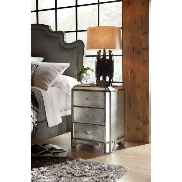 Arabella Glam Nightstand with USB Ports, Cedar Drawer, Eglomise Finish & Charcoal Accents - Stylish Storage!