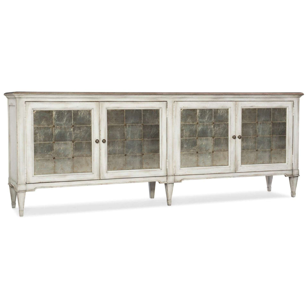 Arabella Glamorous Four-Door Credenza with Eglomise Glass, Antique White Finish & Shelves for 80" TV