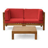 Oana Outdoor Modular Acacia Wood Loveseat and Table Set with Cushions