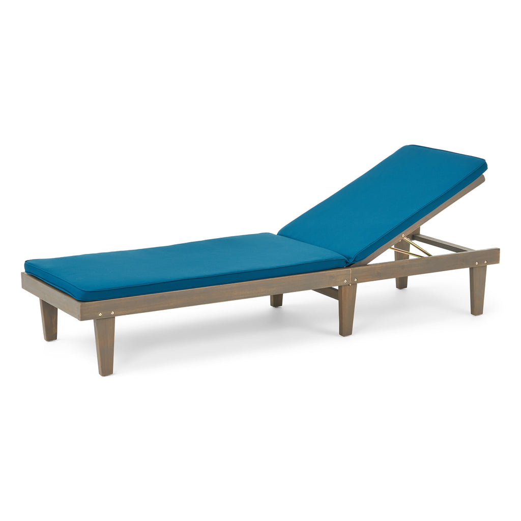 Nadine Outdoor Acacia Wood Chaise Lounge and Cushion Set, Gray and Blue Noble House