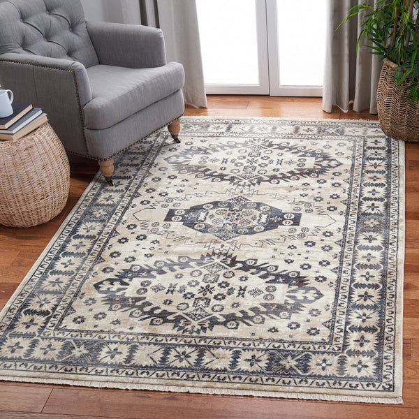 Herat 300 Herat 356 Traditional Power Loomed Polypropylene Pile Rug Ivory / Grey