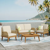 Annisa Outdoor Acacia Wood 4 Seater Chat Set with Cushion, Teak, Light Brown, and Beige Noble House