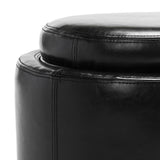 Safavieh Round Ottoman Storage Tray Black PU NC Beechwood CA Foam Bicast Leather HUD4045B 683726875208