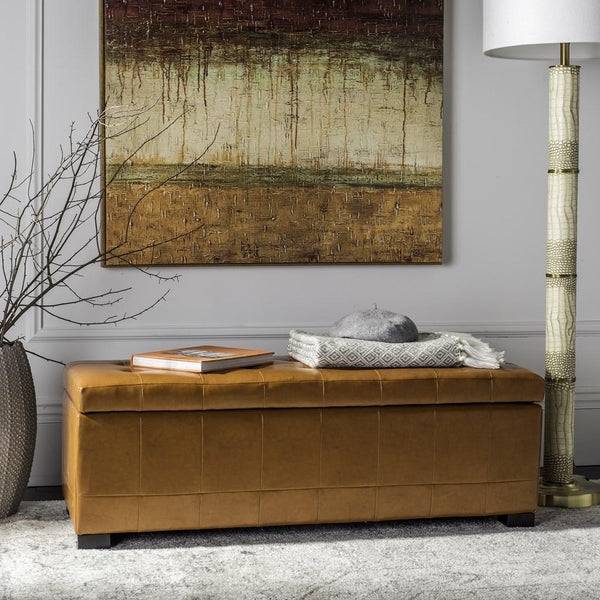 Safavieh Large Bench Manhattan Storage Saddle Black Beechwood CA Foam Poly Fiber Bicast Leather HUD4200C 683726912040