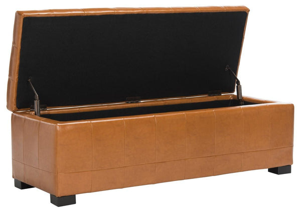 Safavieh Large Bench Manhattan Storage Saddle Black Beechwood CA Foam Poly Fiber Bicast Leather HUD4200C 683726912040