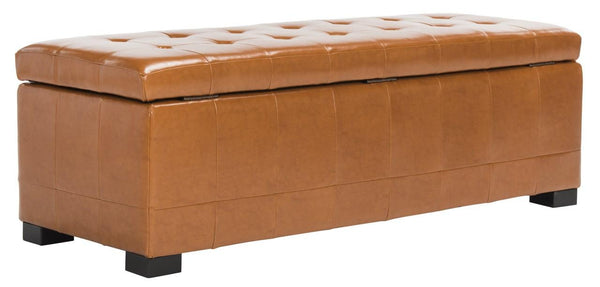 Safavieh Large Bench Manhattan Storage Saddle Black Beechwood CA Foam Poly Fiber Bicast Leather HUD4200C 683726912040