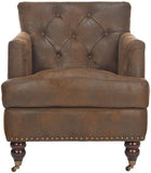 Safavieh Colin Club Chair Tufted Brass Nail Heads Brown Cherry Mahogany Wood Birch Stainless Steel Polyester HUD8212B 683726804048