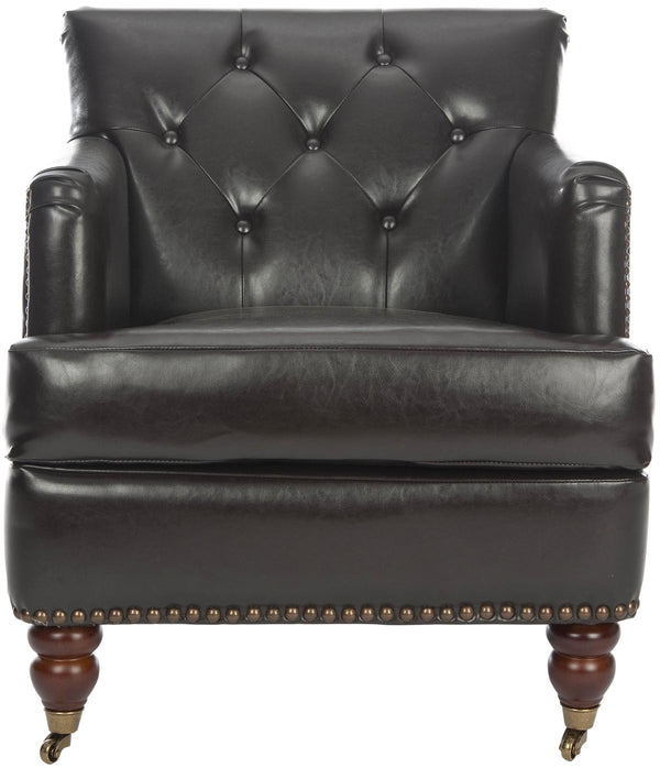 Safavieh Colin Club Chair Tufted Brass Nail Heads Brown Cherry Mahogany Wood Birch Stainless Steel Bicast Leather HUD8212C 683726810438