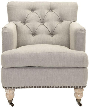 Safavieh Colin Club Chair Tufted Brass Nail Heads Stone Grey White Wash Wood Birch Stainless Steel Linen HUD8212E 683726522508