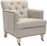 Safavieh Colin Club Chair Tufted Brass Nail Heads Stone Grey White Wash Wood Birch Stainless Steel Linen HUD8212E 683726522508