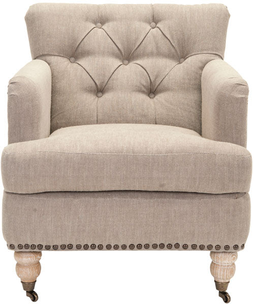 Safavieh Colin Club Chair Tufted Brass Nail Heads Taupe White Wash Wood Birch Stainless Steel Linen HUD8212F 683726522805