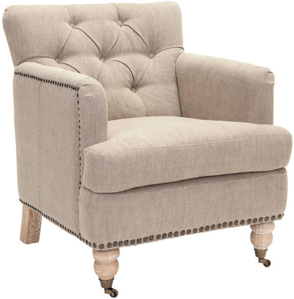Safavieh Colin Club Chair Tufted Brass Nail Heads Taupe White Wash Wood Birch Stainless Steel Linen HUD8212F 683726522805