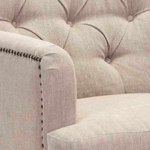 Safavieh Colin Club Chair Tufted Brass Nail Heads Taupe White Wash Wood Birch Stainless Steel Linen HUD8212F 683726522805