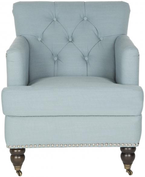 Safavieh Colin Club Chair Tufted Brass Nail Heads Sky Blue Dark Brown Wood Birch Stainless Steel Cotton HUD8212K 683726630524