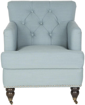 Safavieh Colin Club Chair Tufted Brass Nail Heads Sky Blue Dark Brown Wood Birch Stainless Steel Cotton HUD8212K 683726630524