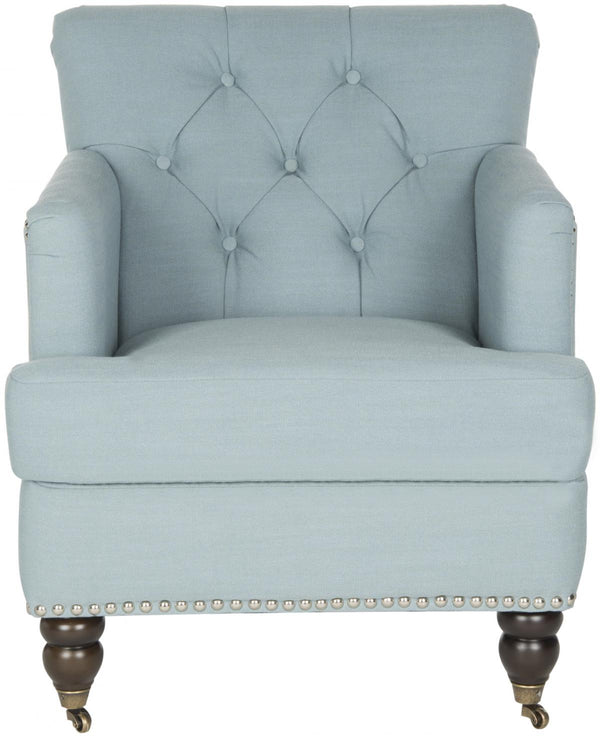Safavieh Colin Club Chair Tufted Brass Nail Heads Sky Blue Dark Brown Wood Birch Stainless Steel Cotton HUD8212K 683726630524