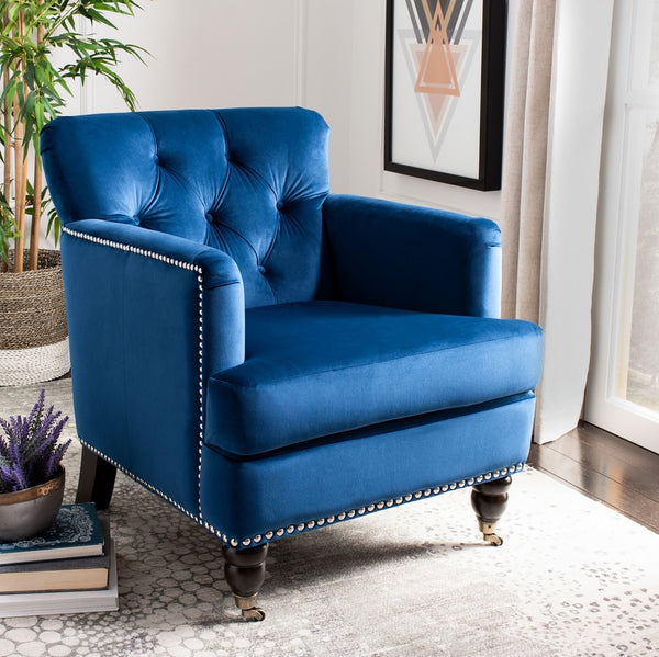 Safavieh Colin Tufted Club Chair Navy Blue Espresso Wood HUD8212N