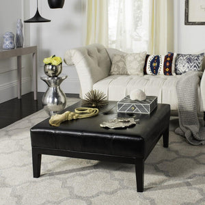 Safavieh Fulton Ottoman Large Squre Cocktail Black Wood Birch Bicast Leather HUD8237B 683726785040